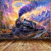 Steam Train Tapestry, Old Engine Train Scenery Tapestries Kids Decor, Rainbow Cloud Sky Forest Mountain Watercolor Art Wall Tapestries Hanging for Bedroom Living Room Dorm Beach Blanket, 60X40