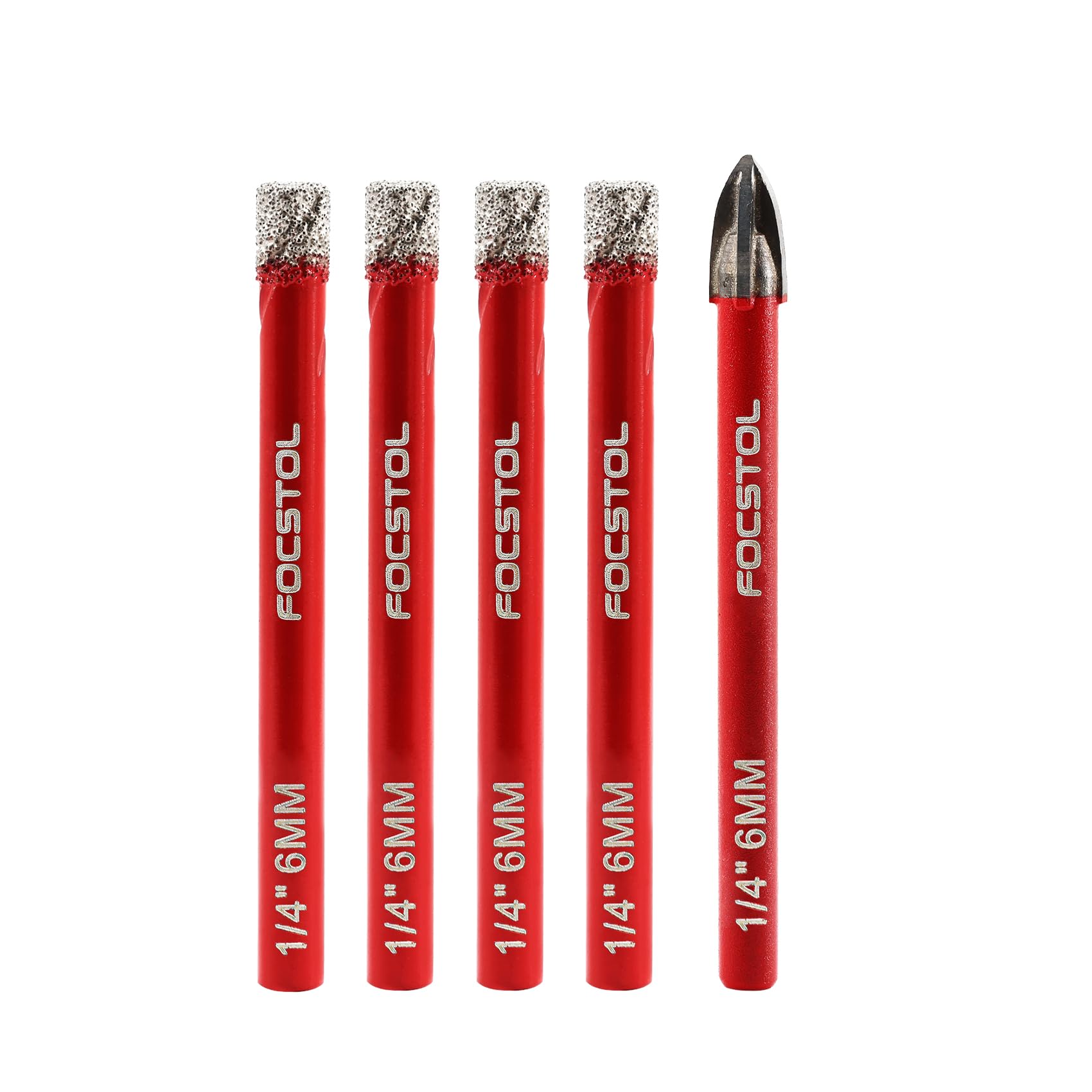 Dry Diamond Drill Bits Set - FOCSTOL 4pcs 6mm Diamond Hole Saw & 1pc 6mm Carbide Drill with Round Shank for Ceramic Porcelain Tile Marble Granite — image 1