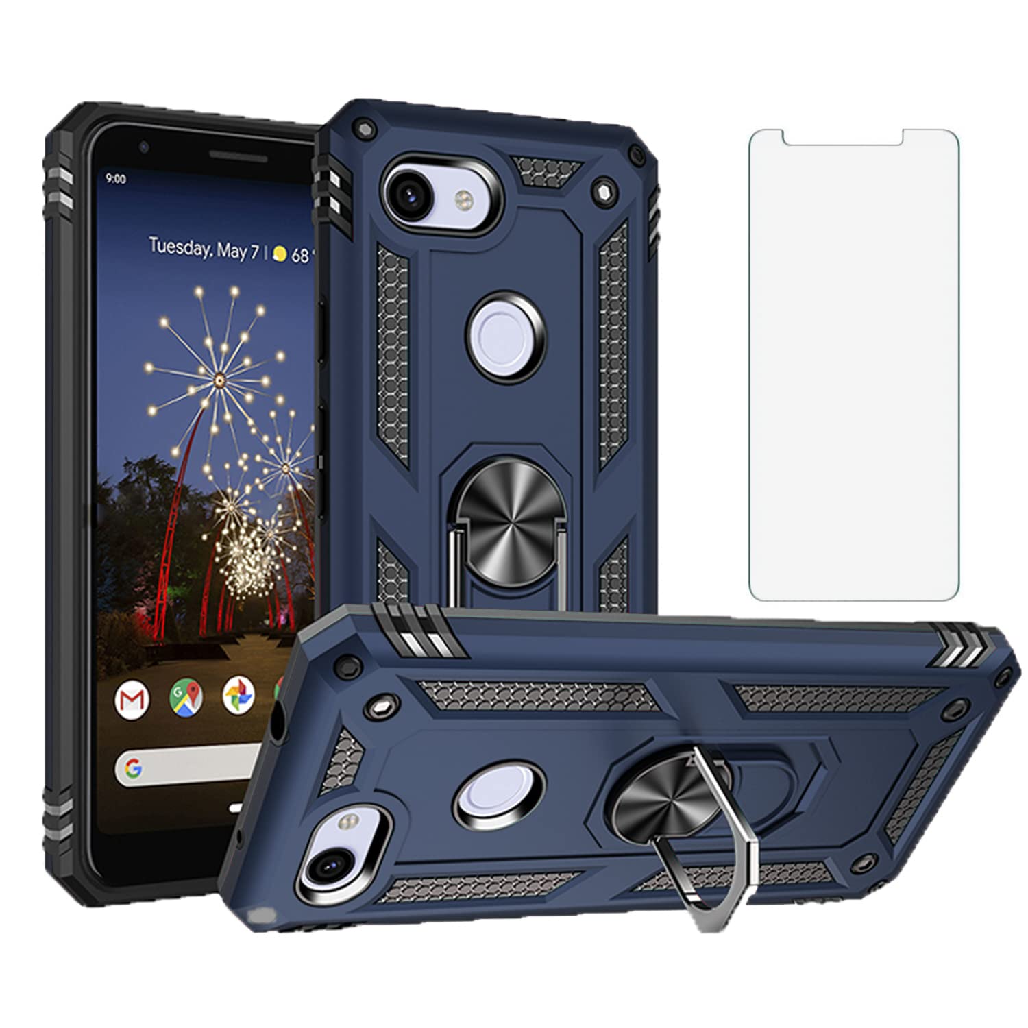 Asuwish Phone Case for Google Pixel 3A XL with Tempered Glass Screen Protector Cover Stand Ring Holder Hard Shockproof Heavy Duty Magnetic Kickstand Pixel3aXL Pixle 3aXL A3 Pixel3a LX Women Men Blue