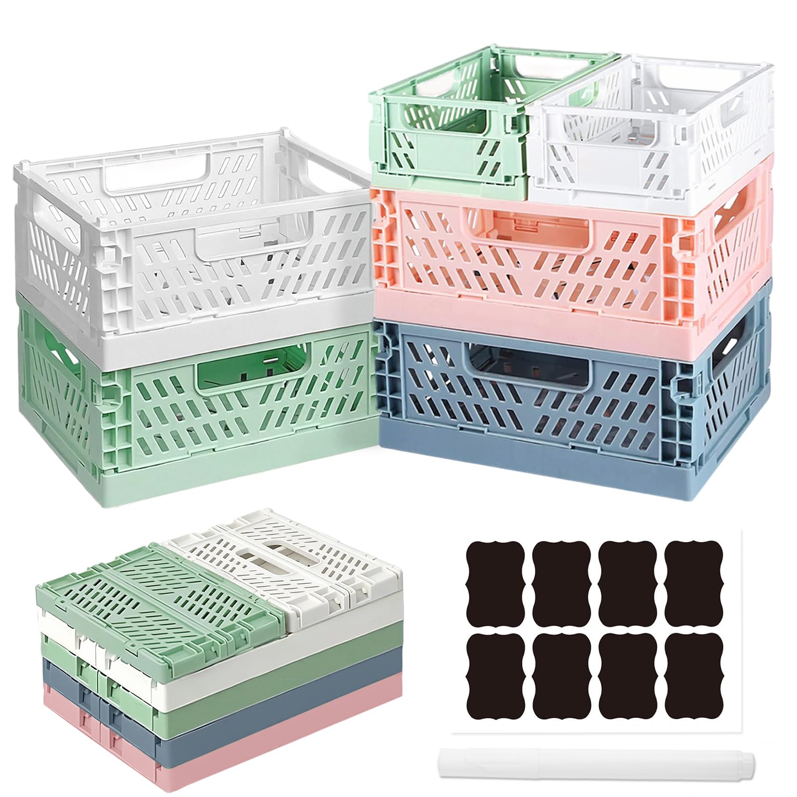 Ruucy 6 Pcs Collapsible Storage Crates, 4 Pcs Plastic Crates 20x15x9cm + 2 Pcs Mini Foldable Crate 15x10x5.8cm + White Marker + Sticker, Pastel Crate Desktop Storage Box for Office Kitchen Bathroom