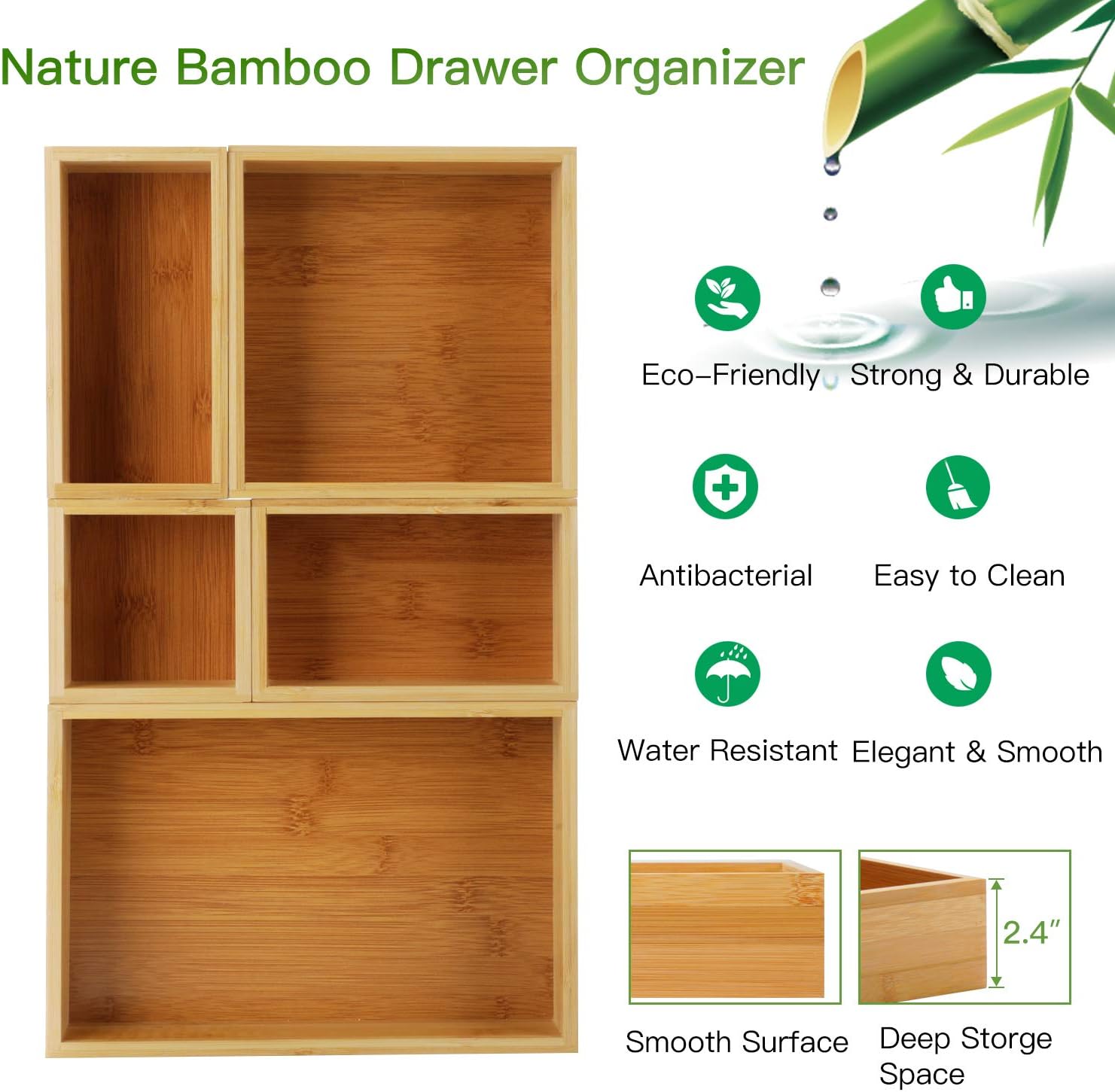 5-Piece Bamboo Drawer Organizer Set, Multi-use Storage Box Set, Varied Sizes Junk Drawer Organizer for Office, Home, Kitchen, Bedroom, Bathroom by Pipishell: Office Products