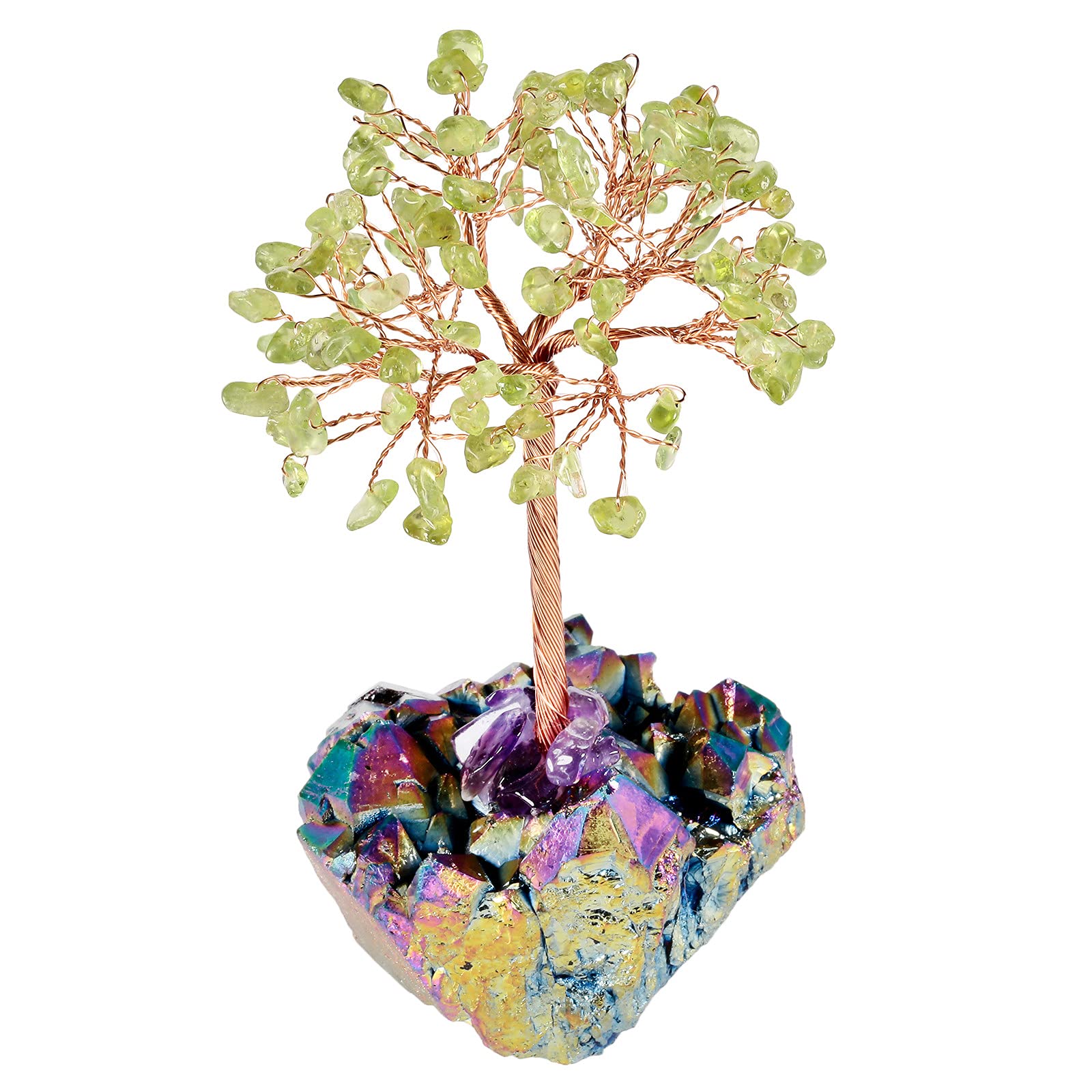 mookaitedecor Green Peridot Crystal Money Tree with Titanium Rainbow Aura Quartz Crystal Cluster Base Colourful Room Decor, Bonsai Crystal Tree of Life Ornament Reiki Spiritual Good Luck Crystal Gift
