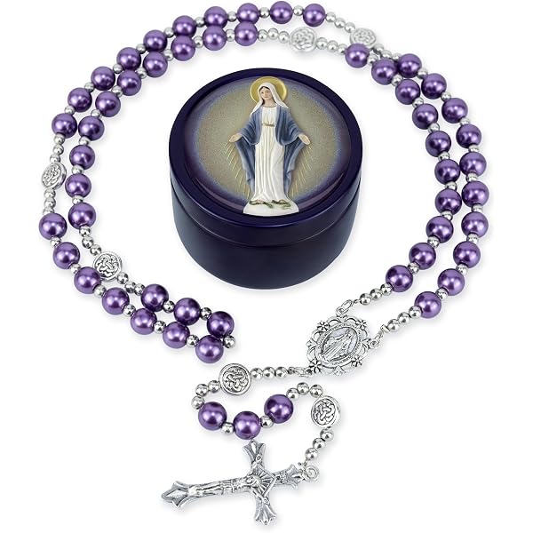 Purple Glass Pearl Rosary Necklace For Women - Virgin Mary Medal, Jesus Crucifix, 6mm Beads, Includes Rosary Pouch
