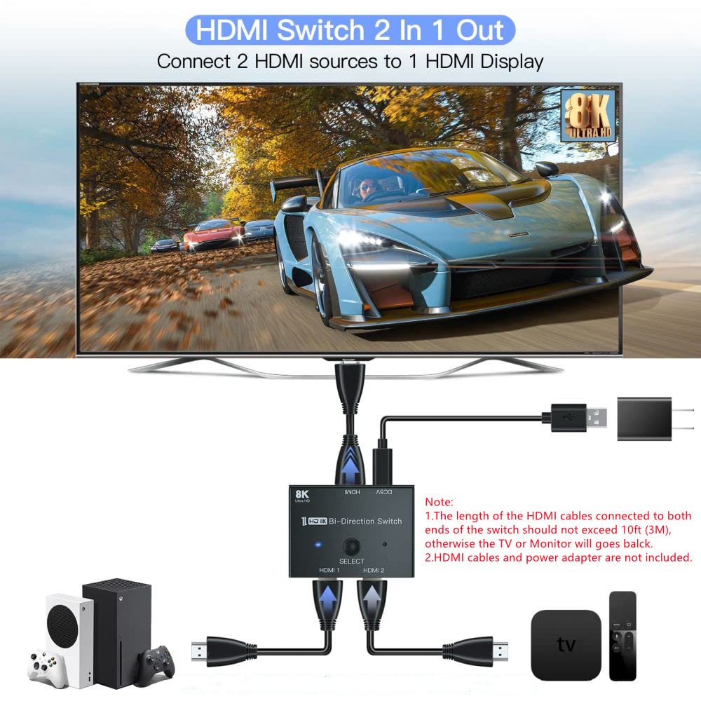 8K HDMI Switch, HDMI Switcher 1 in 2 Out or 2 in 1 Out, HDMI 2.1 Switch Support 8K@60hz and 4K@120hz, Compatible with Xbox X, PS5, Blu-Ray Player, 8K UHD TV, Monitor and Projector