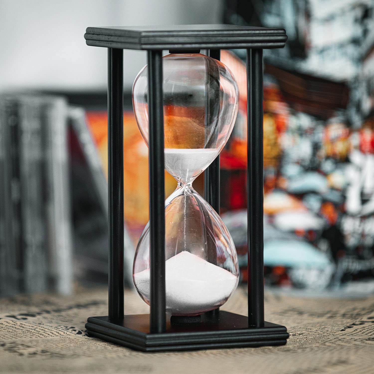 Hourglass Timer 60 Minutes, Black Wooden Frame Decorative Sand Timer (White Sand, 8x4x4 inch)