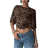 OYOANGLE Women's Cheetah Print Short Sleeve Crop Top Leopard Fitted Y2K Tshirts