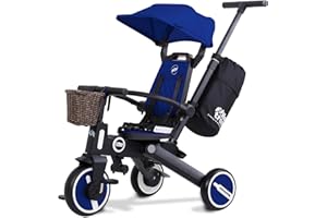 Newtronx Trixplorer Folding Toddler Tricycle Removable Push Handle, Rotatable Seat, Adjustable Canopy, Safety Harness, Storage, Basket -Tricycle for Toddlers for 1-5 Year Old (Magnetic/Blue)