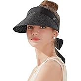 Women's Sun Visor Hats Wide Brim Straw Beach Hat Ponytail Hats for Women Foldable Floppy