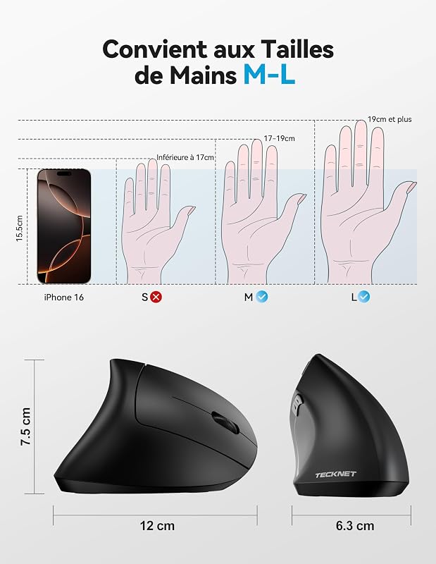 Souris Ergonomique sans Fil Rechargeable, Souris Verticale Bluetooth 3 Modes (BT5.0/3.0+2.4G) 4800 DPI Réglable, 6 Boutons, Souris Silencieuse pour Ordinateurs, Portables, Mac, PC, Windows