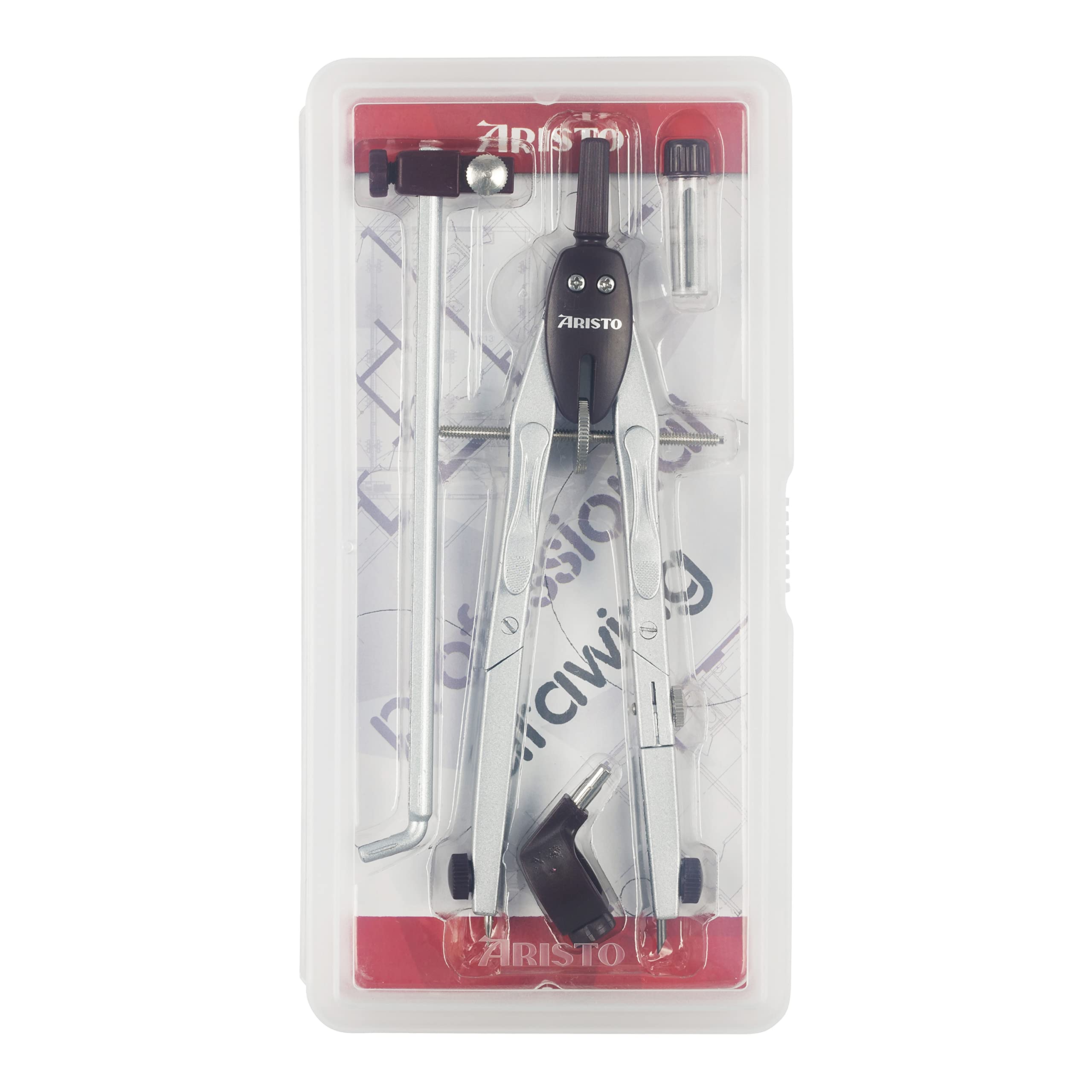 Aristo AR55448 College Compass Set (2 Joints, Max. Diameter of Drawing Circles 520 mm, Includes Extension Rod, Adapter and Compass Refills) Silver Wine Red