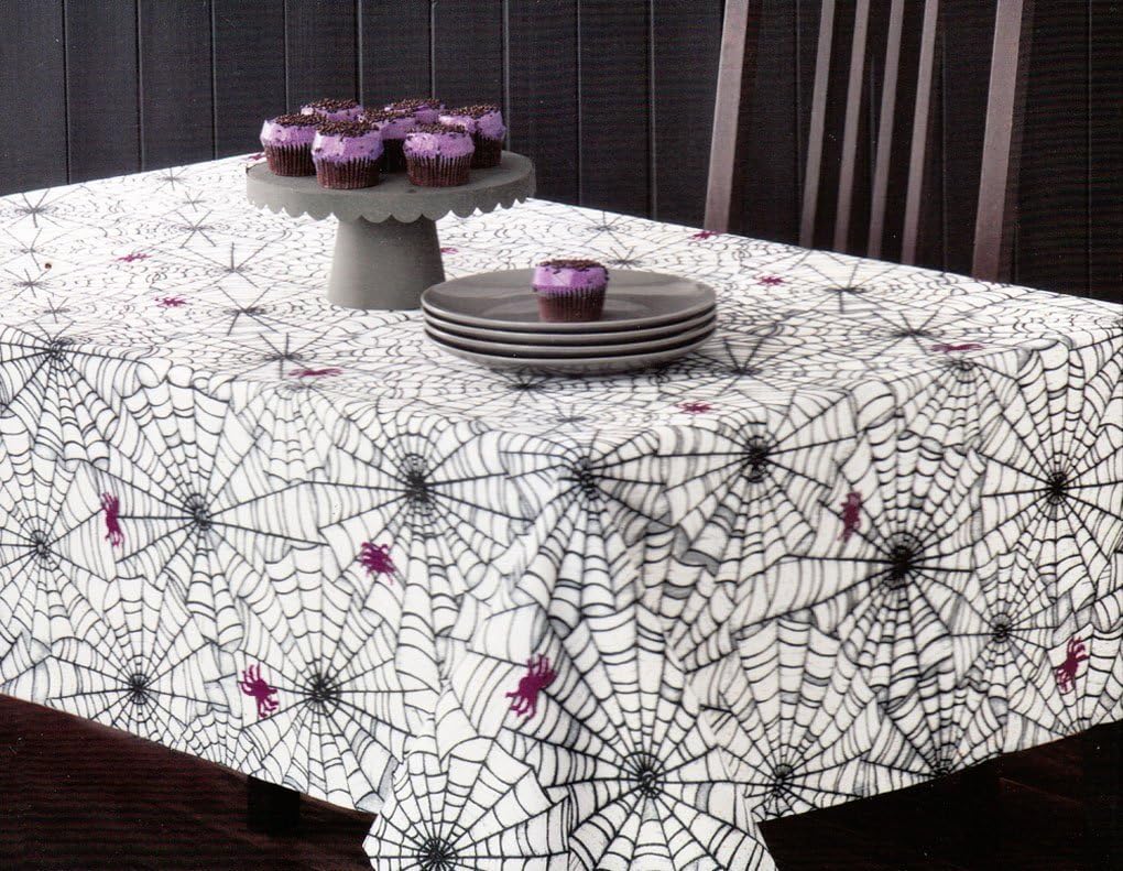 Halloween Spider Webs Fabric Tablecloth White Black and Purple (52x70)