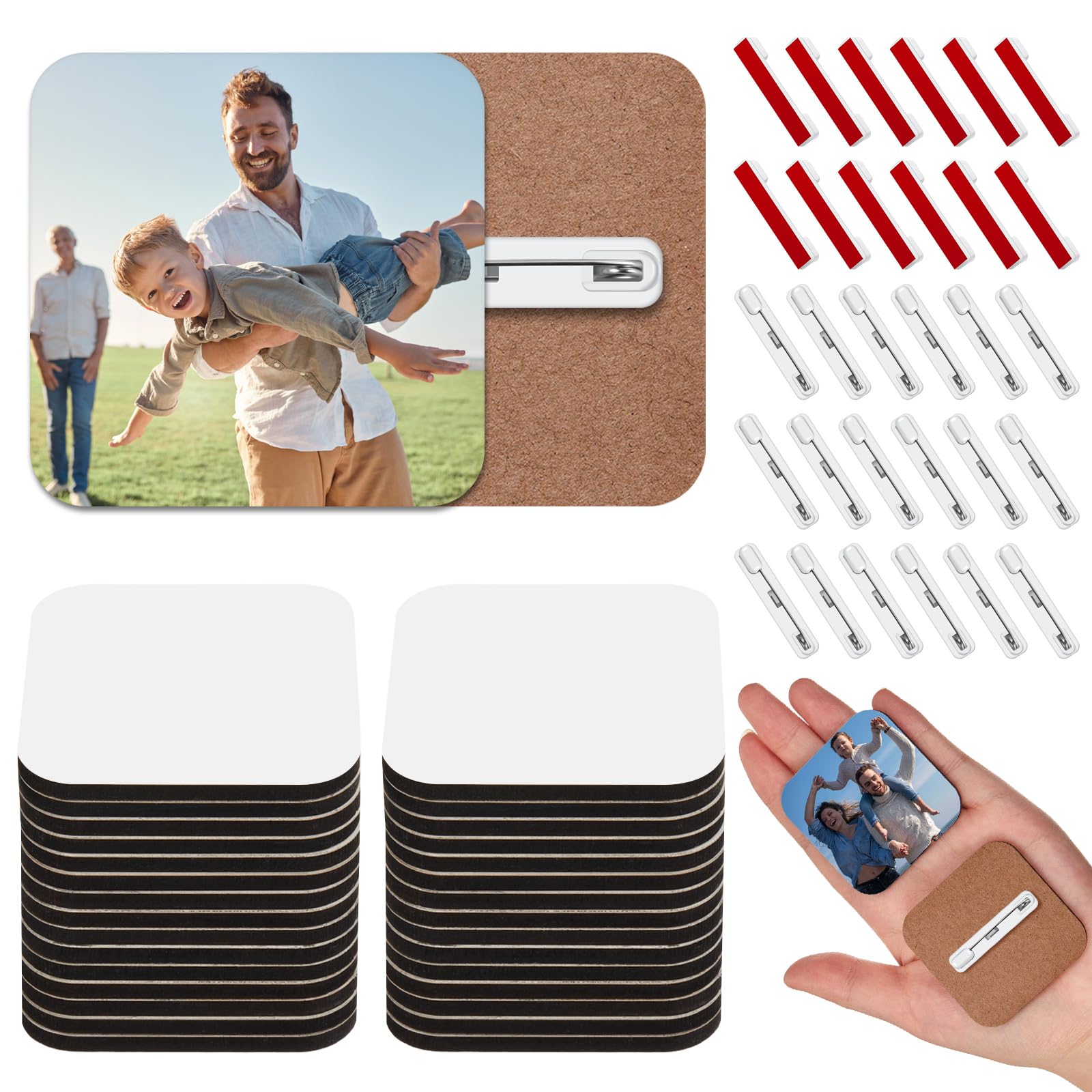 Photo 1 of 30 Pcs Square Sublimation Buttons Blanks with Pins, 1.97 x 1.97 Inch Square MDF Buttons Pins Heat Transfer Blank Badge, DIY Craft Gifts
