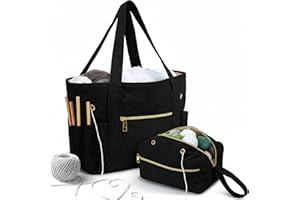 Bulyoou 2 Pcs Crochet Bag and Tote Set Corduroy Yarn Bag for Hooks Organizer Yarn Holder for Crochet Lovers Knitting Accessories (Black)