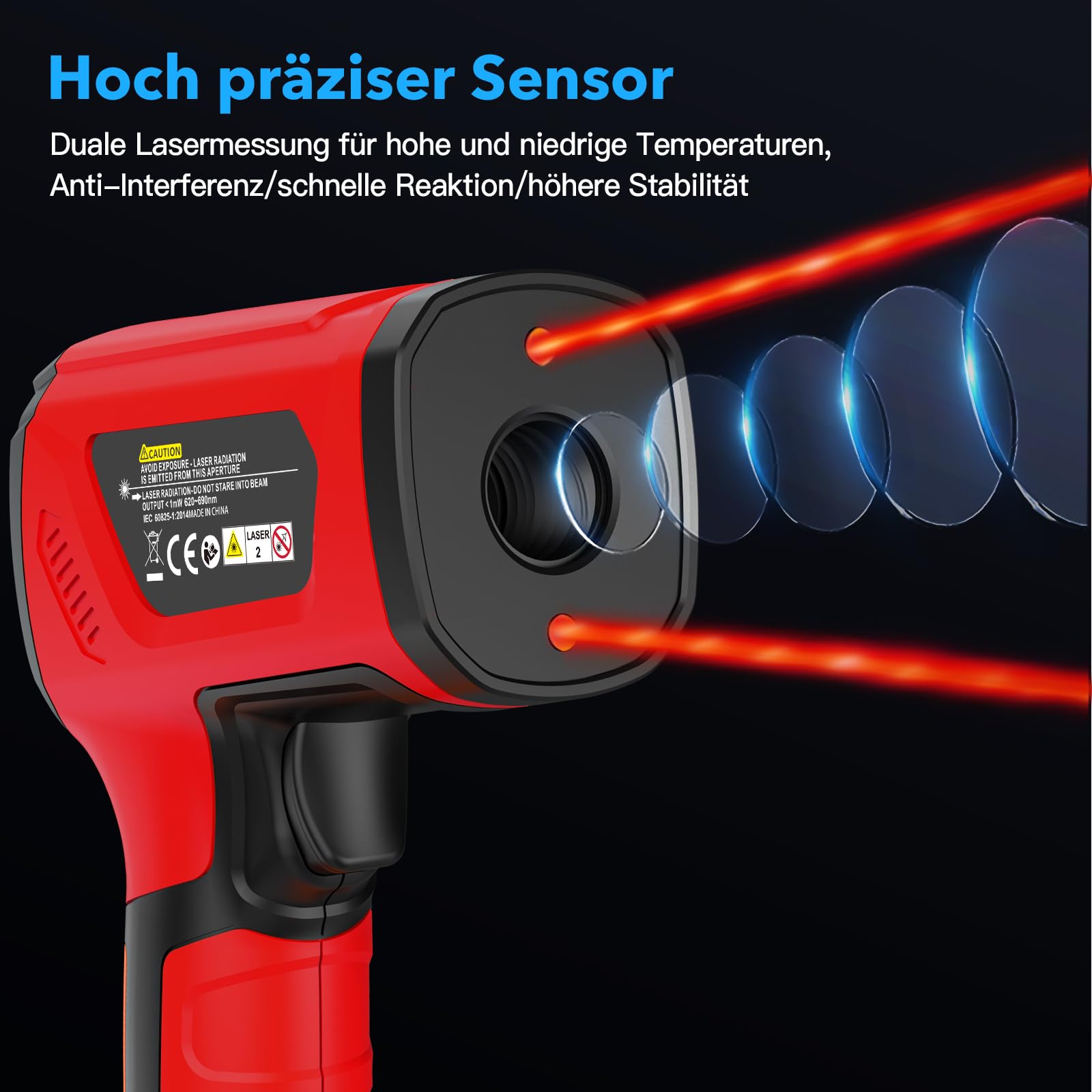 Infrarot Thermometer MESTEK Hochtemperatur Digital Laser Temperaturmessgerät -40°C bis 1600℃ mit K-Sonde IR Pyrometer Berührungslos LCD Alarm Einstellbarer Emissionsgrad für Kochen Industrial HVAC 5