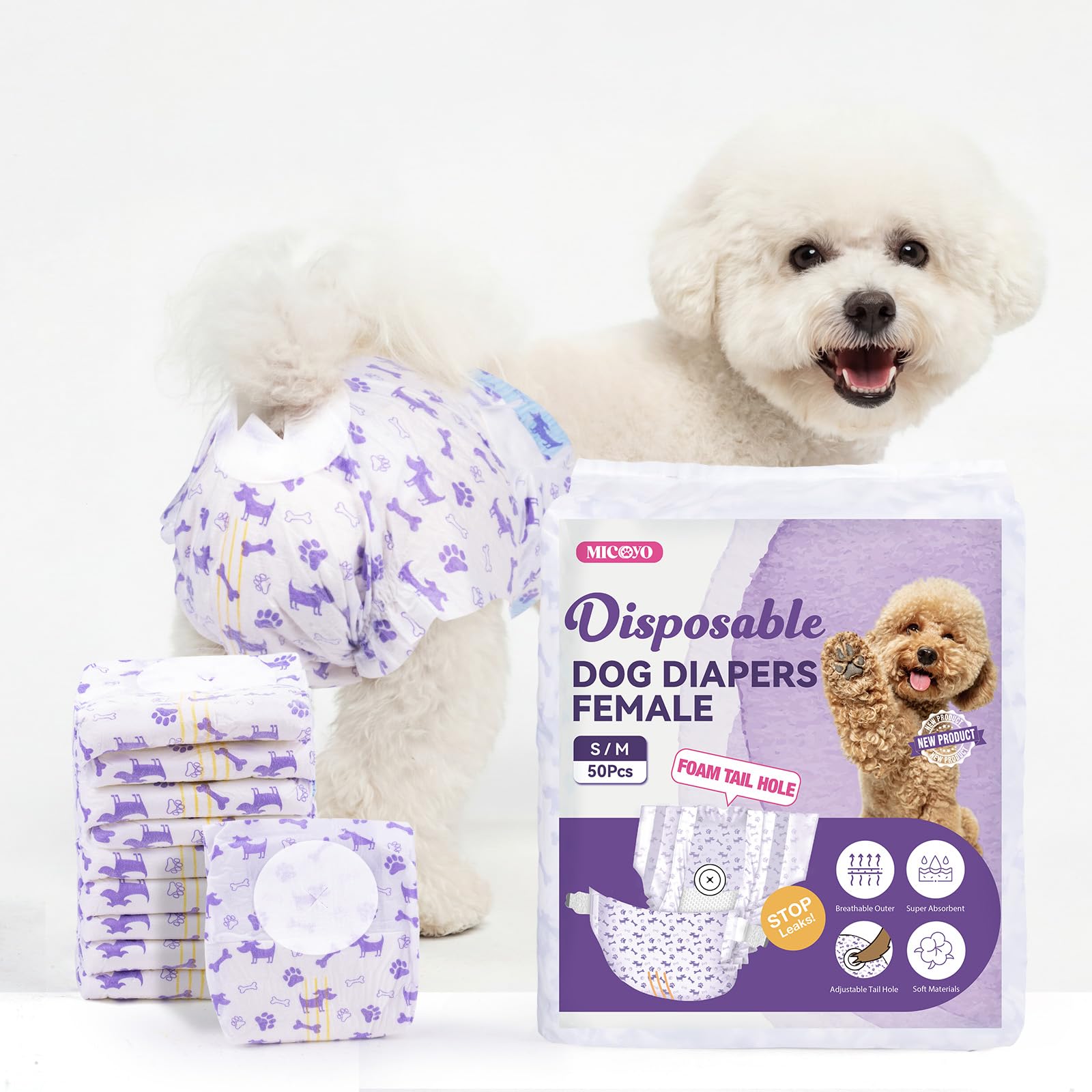 MICOOYO Dog Nappies Female 50 count, Disposable Dog Period Pants with Adjustable Tail Hole, Super Absorbent Diapers for Female Dogs Cat in Heat Season Incontinence(SM)