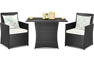 Tangkula 3 Pieces Patio Dining Set, Space-Saving PE Rattan Bistro Set with Tempered Glass Top Table and Cushioned Chairs, Outdoor Conversation Set for Garden Backyard Poolside Porch (White)