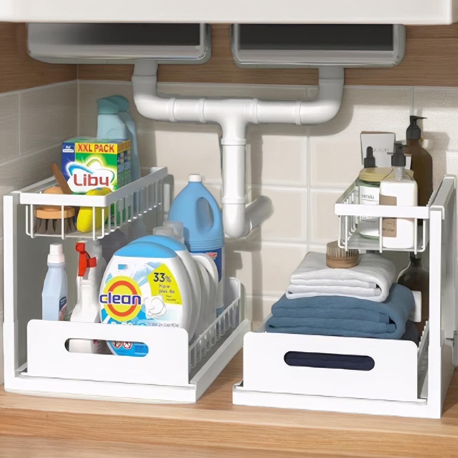 Photo 1 of Under Sink Organizer, 2 Pack Pull Out Bathroom/Kitchen Under Cabinet Organizers and Storage, 2 Tier Metal Slide Out Under Kitchen Sink Storage Bathroom Undersink Organizers for Laundry Room
