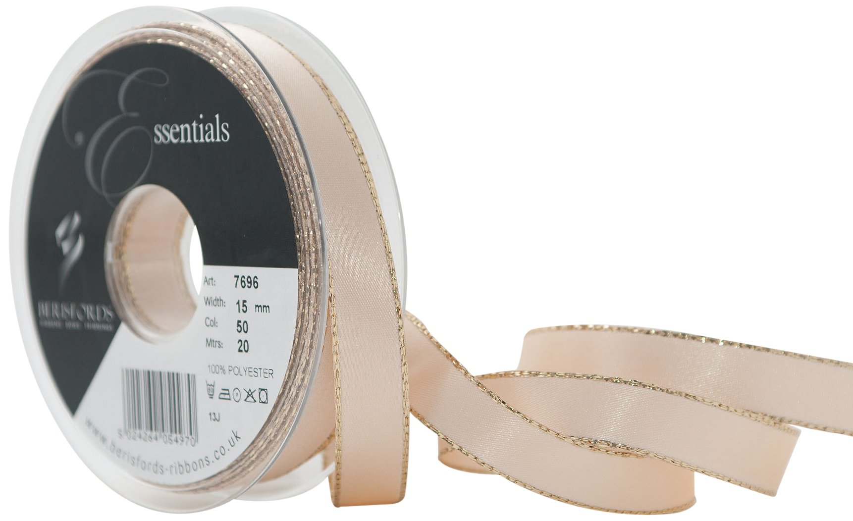 Berisfords 15 mm Gold Edge Satin Ribbon, Cream
