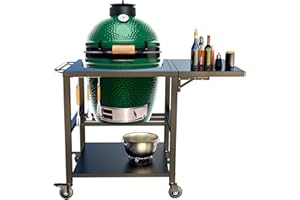 GLACENOX Outdoor Grill Table for Big Green Egg Accessories, Heavy Duty Metal Cart Prep Table with 3 inch Caster, Storage Shelf, Hooks, Compatible with Small/Medium/Large Big Green Egg Grill, Kamado Joe