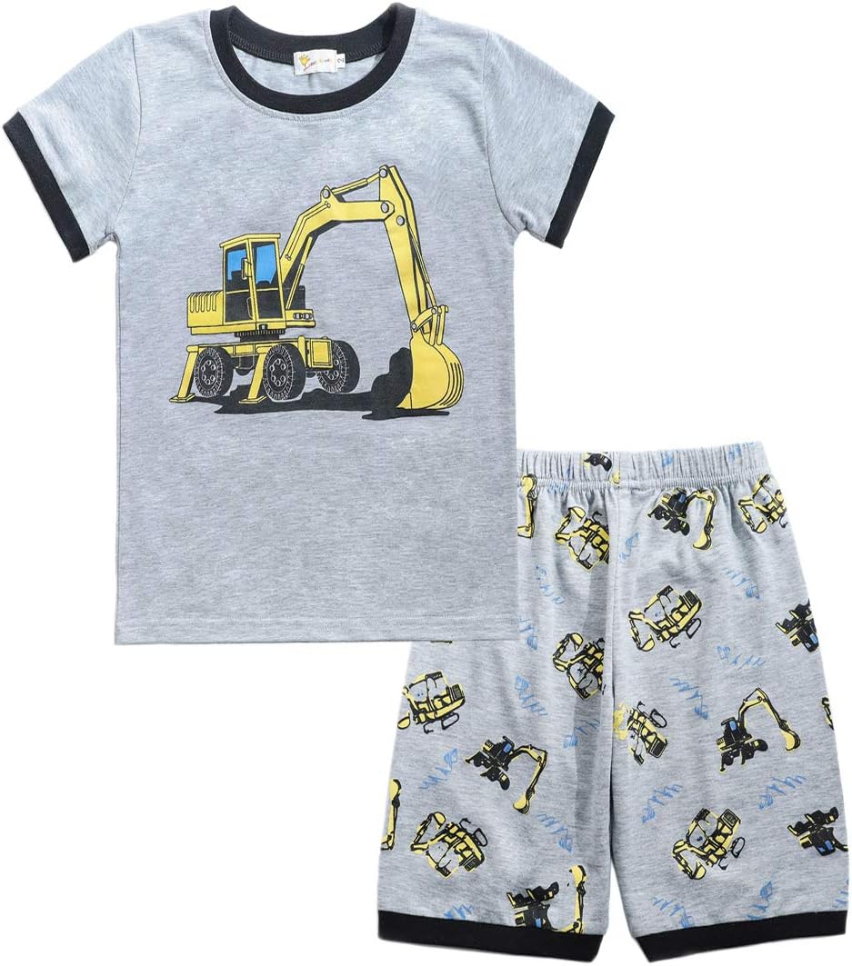 Boys Pyjamas Kids Pjs Dinosaur Print 100% Cotton Toddler Boys Outfits Short Sleeve 2 Pieces Summer Sleepwear Shirts and Pants 1-7 Years