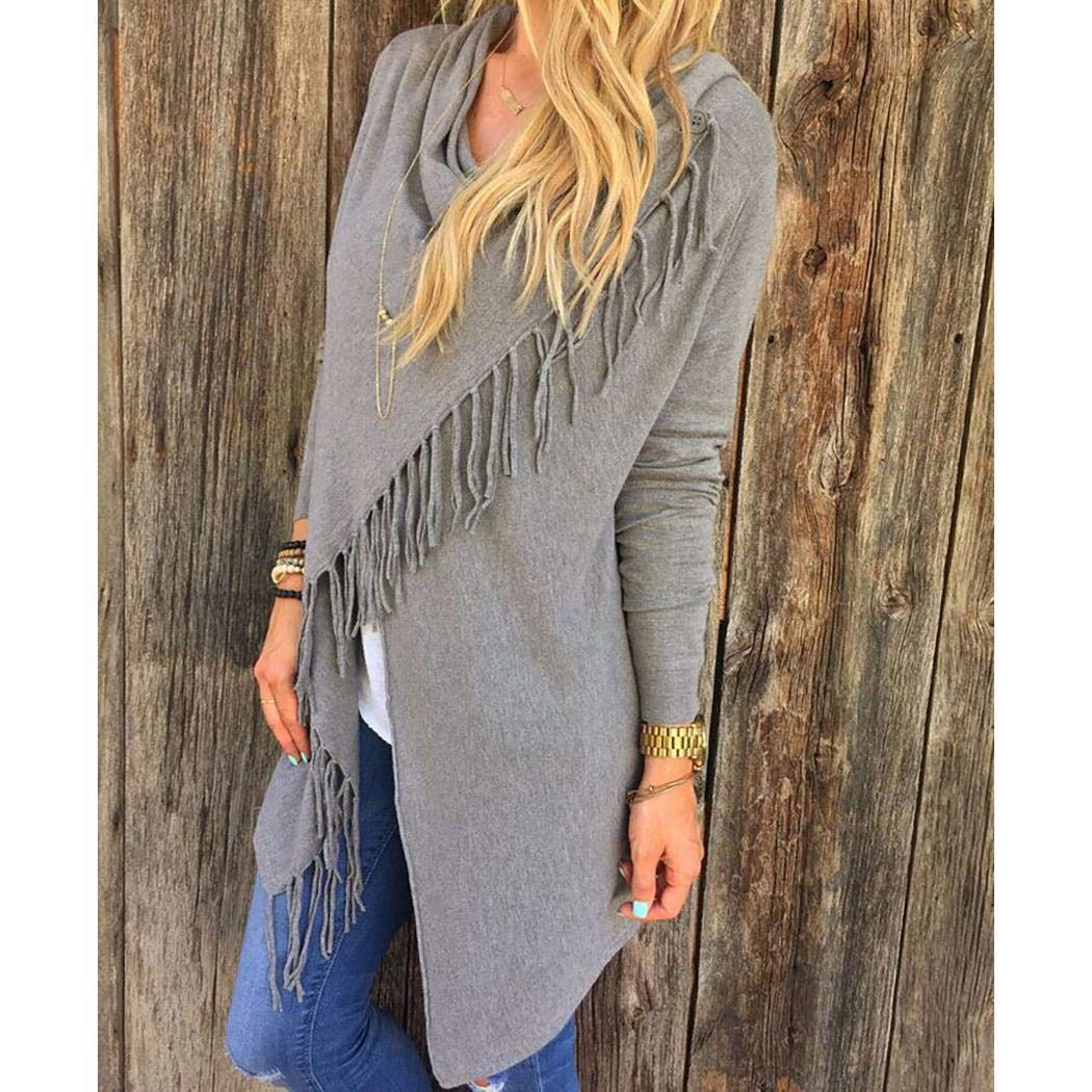 Weardear Women\'s Shawl Fringe Tassel Hem Open Front Cardigan Pullover Knit Sweater Coat Outwear Grey