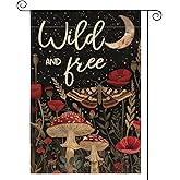 AVOIN colorlife Wild and Free Garden Flag 12x18 Inch Double Sided Outside, Mushroom Moon and Moth Yard Outdoor Flag