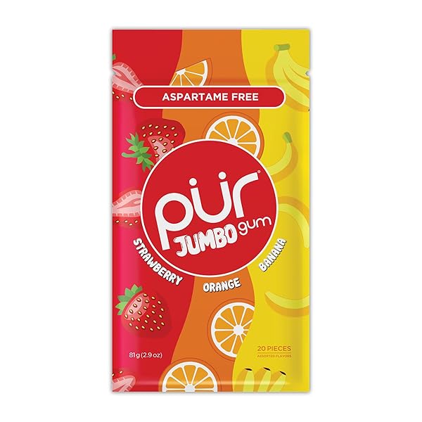 PUR JUMBO GUM | ASPARTAME FREE CHEWING GUM | 100% XYLITOL | NATURAL STRAWBERRY, BANANA, ORANGE FLAVOR, 20 PIECES (PACK OF 1)