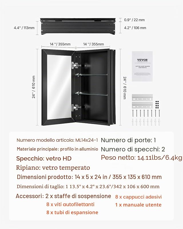 Armadietto per Medicinali 355 x 610 mm Armadietto per Medicinali con Specchio per Bagno con Anta a Specchio, Ripiani in Vetro Regolabili, Installazione a Incasso e a Parete, Telaio in Alluminio