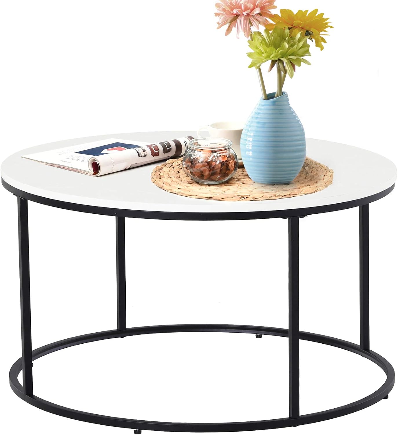 HOMCOM Wood Round Coffee Sofa Table Side with a Modern Design, Black Metal Frame and Easy Maintenance, White: Furniture & Decor