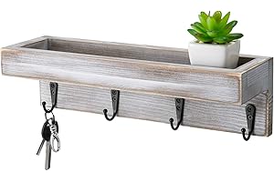 Sageme Entryway Shelf Wall Mounted,Vintage Rustic Farmhouse Solid Real Wood Floating Shelf Key Holder Shelf with 4 Key Hooks for Entryway, Mudroom, Kitchen, Bathroom (4 Hooks, Black)