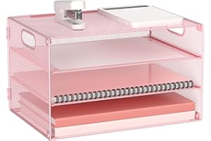 Gawerk 4 Tier Lettrer Tray Organizer with Handle, Mesh Desk Paper Letter Tray Organizer for Office & Home, Pink