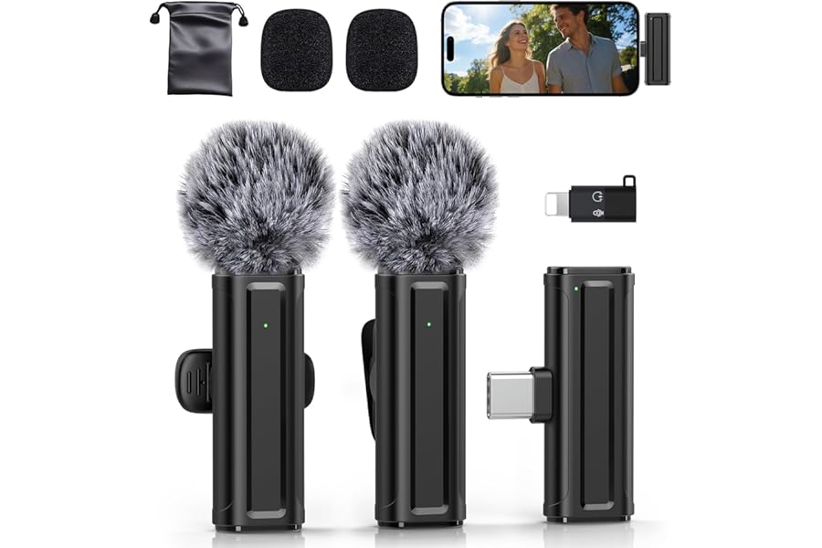 Wireless Mini Microphone for iPhone, iPad, Android, 2 Pack Lavalier Mic with 360° Rotatable Clip, Plug and Play Noise Reduction USB-C Mic for Video Recording YouTube TikTok Podcast Content Creators