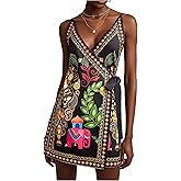 RoseSeek Women's Tropical Print Cami Dress Sleeveless Wrap V Neck Tie Knot Boho Short Dresses