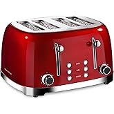 Roter Mond 4 Slice Toaster Retro Stainless Steel with Bagel Defrost Cancel Function, 6 Browning Settings, Extre Wide Slot and Removable Crumb Tray, Red, ST033