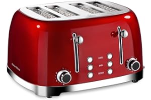 4 Slice Toaster Roter Mond Retro Stainless Steel Toasters with Bagel Defrost Cancel Function, 6 Browning Settings, Extre Wide Slot, Red
