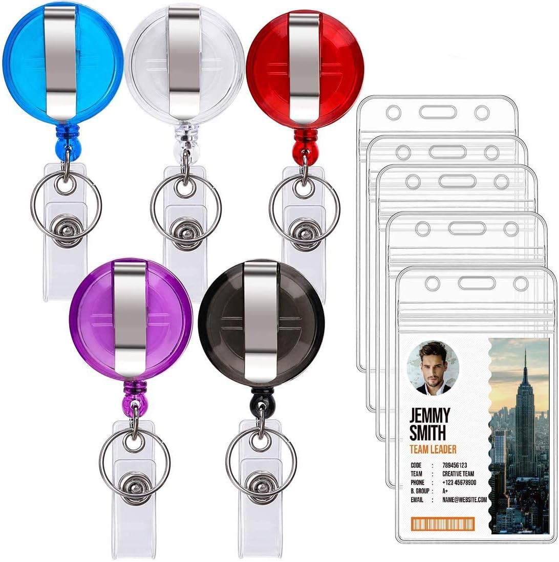 Ktrio 5 Pack ID Name Badge Holder Retractable with Badge Clip Retractable Reel
