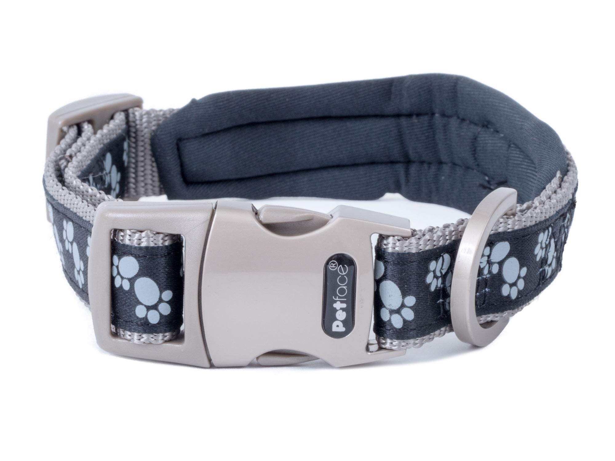 Petface Signature Padded Dog Collar, Small, Black With Grey Paws — image 1
