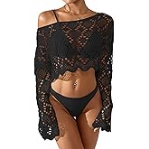 BreathSunny Womens Crochet Swimsuit Coverup Cropped Tops Summer 2025 Off Shoulder Ruffle Trim Beach Bathing Suit Cover Up Top