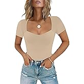 Chunpin Women's Sexy Sweetheart Neckline Bodysuit Tops Short Sleeve Double Lined Thong Bodysuit Outfits Nude M