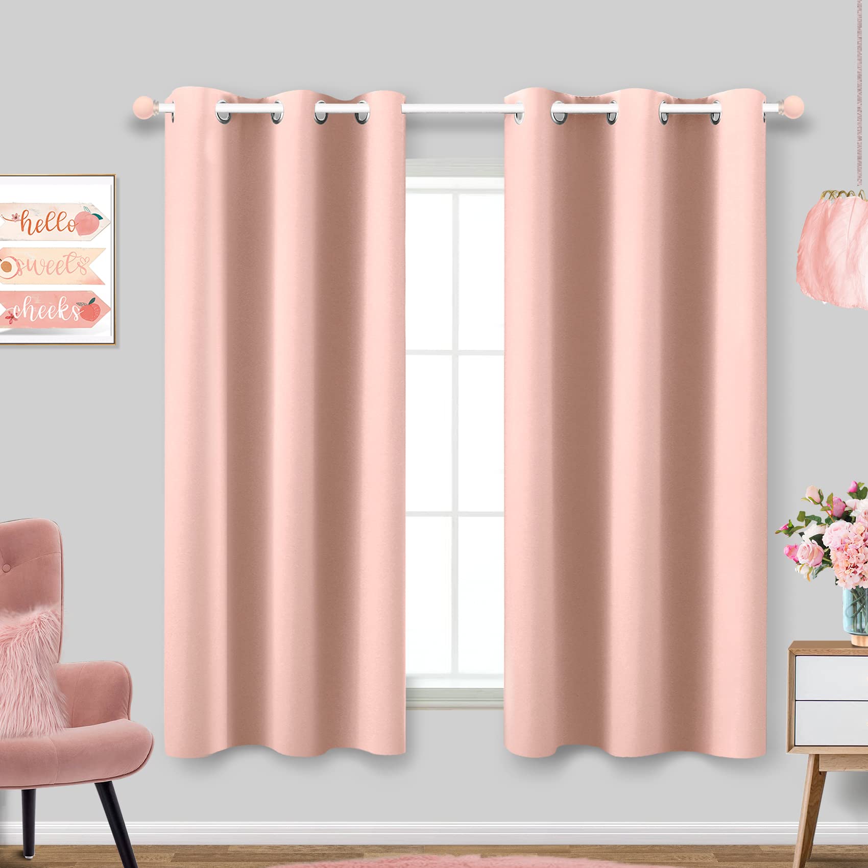 Coral Pink Loft Bed Curtains 45 Inch Length for Girls Room Bottom Dorm 2 Panel Grommet Insulated Thermal Light Blocking Blackout Short Curtains for Bedroom Kid Baby Nursery Small Bathroom Window,Blush
