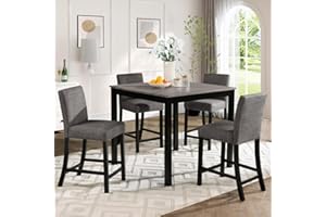 JIJIWANG 5-Piece Counter Height Table Set with 4 Chairs, Counter Height Table Set for 4 with Chairs, Wooden Counter Height Table Set for Kitchen, Dining Room, Light Grey & Black Two Tone