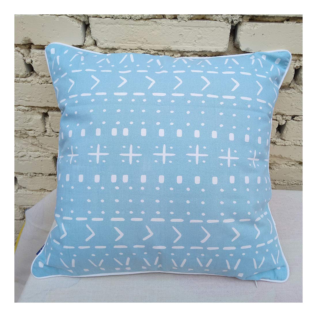 Aitliving Throw Pillow Cover 1PC Nomadic Piping Cushion Pillow Cover Skyblue/White 17X17 Cotton Canvas Printed Decorative Couch Pillowcase Accent Cushion Shell w/White Piping 43X43cm
