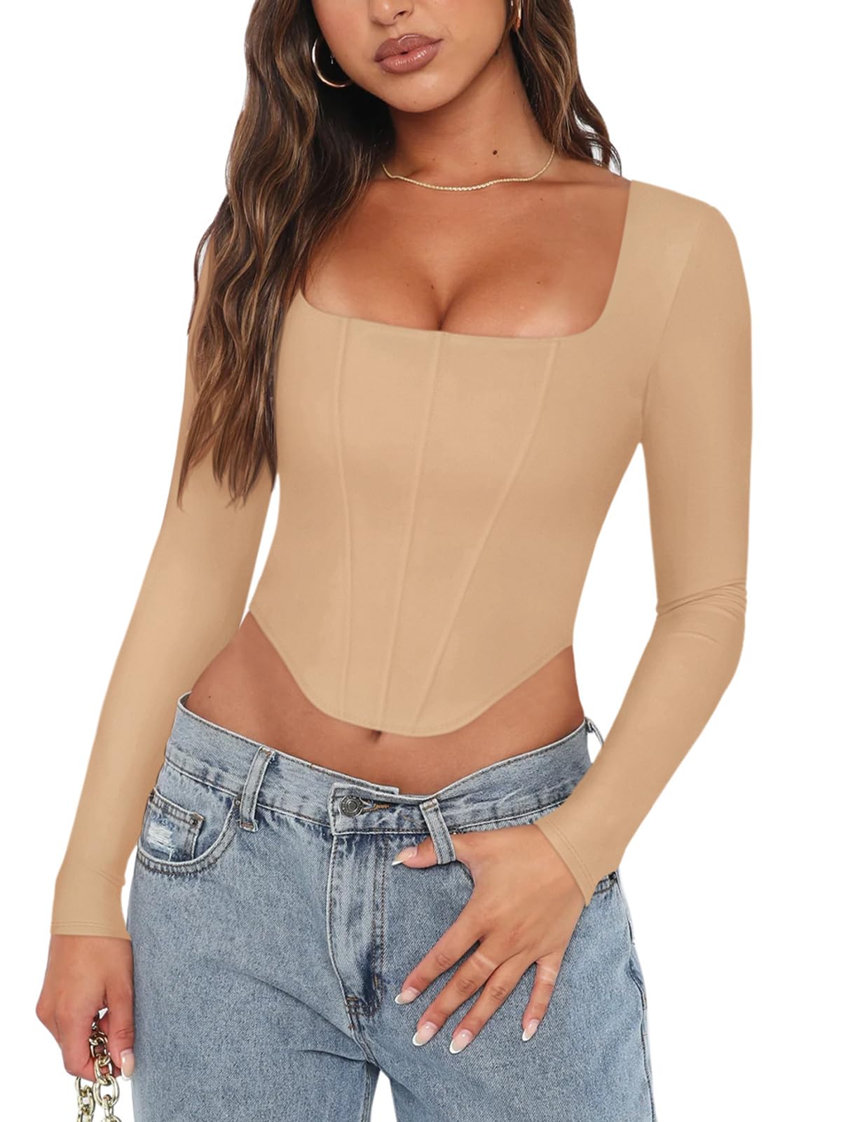 Photo 1 of REORIA Womens Sexy Casual Square Neck Long Sleeve Backless Shirts Y2K Trendy Going Out Party Club Night Boned Bustier Corset Crop Plus Size Tops Nude XX-Large