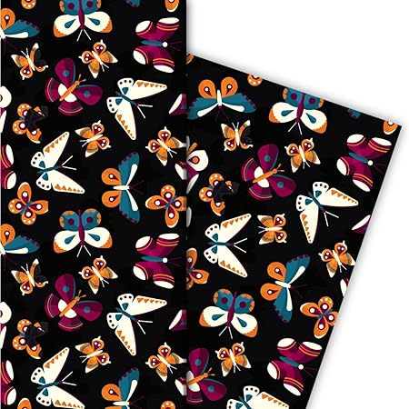 Schmetterlings Geschenkpapier im Retro Look, schwarz, für tolle Geschenk Verpackung und Überraschungen (4 Bogen, 32 x 48cm)
