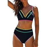popvil High Waisted Bikini Sets for Women Tummy Control Swimsuits Neon Two Piece V Neck Drawstring Bathing Suits 2026