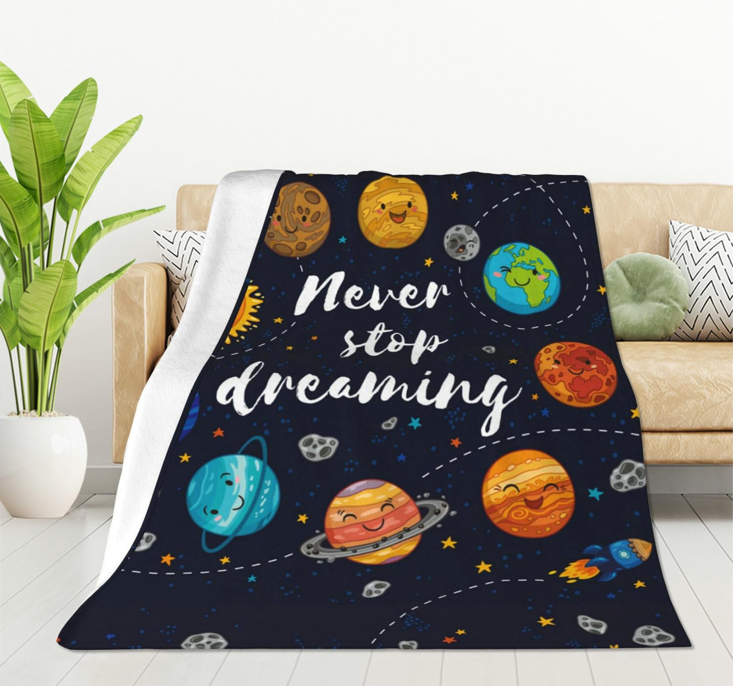 HGOD DESIGNS Cute Outer Space Planets Blanket Fleece Never stop dreaming Throw Blanket Comets Sun Cosmos Blanket for Women Solar System Fuzzy Plush Blanket for Bed Couch Sofa Chair Office (40"x 50")
