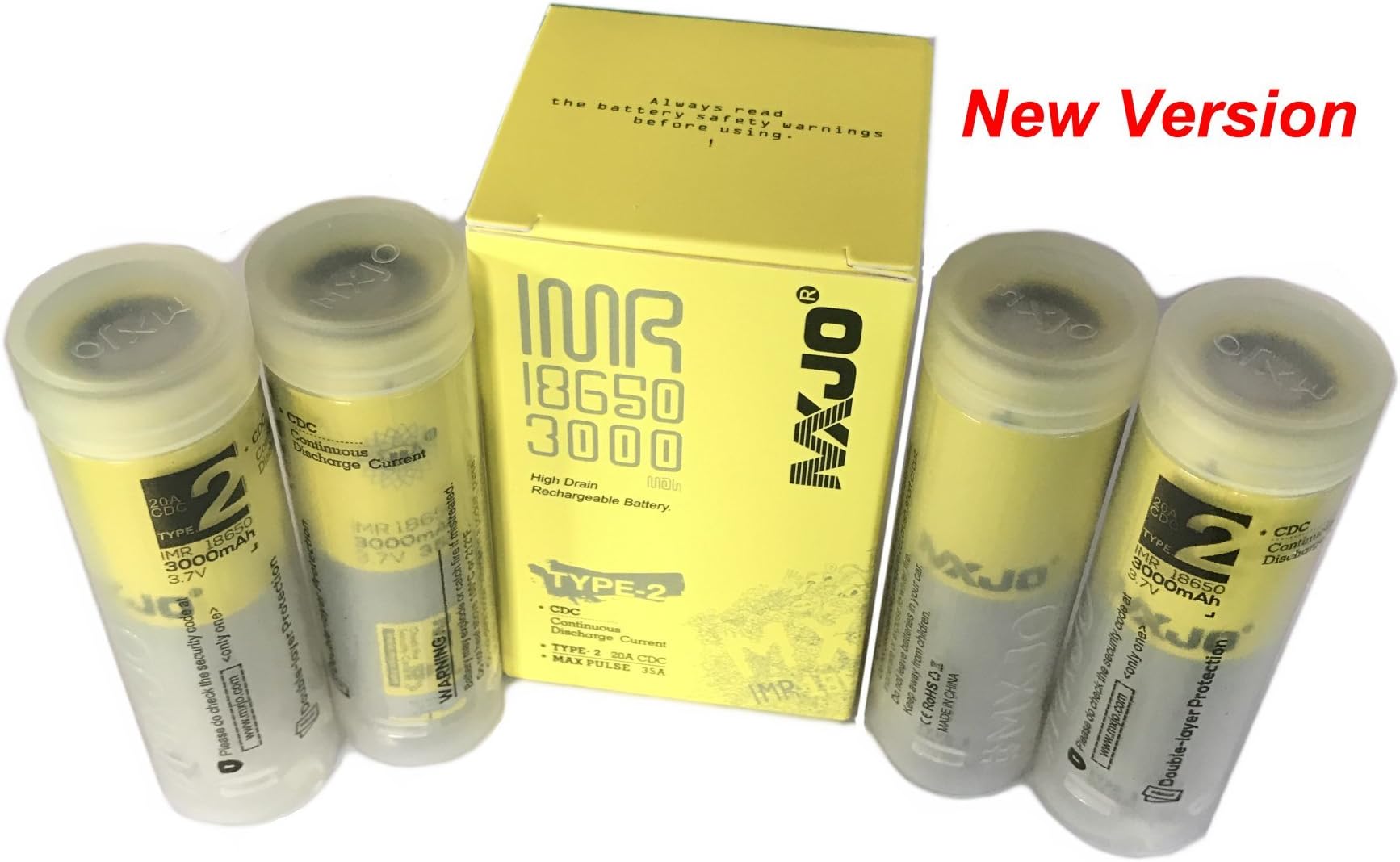 Four Authentic MXJO 3000 IMR 18mmX65mm Flat Top Battery/3000mAh 20A/35A 3.7V High Drain(New Version, with Free Protective CASE)