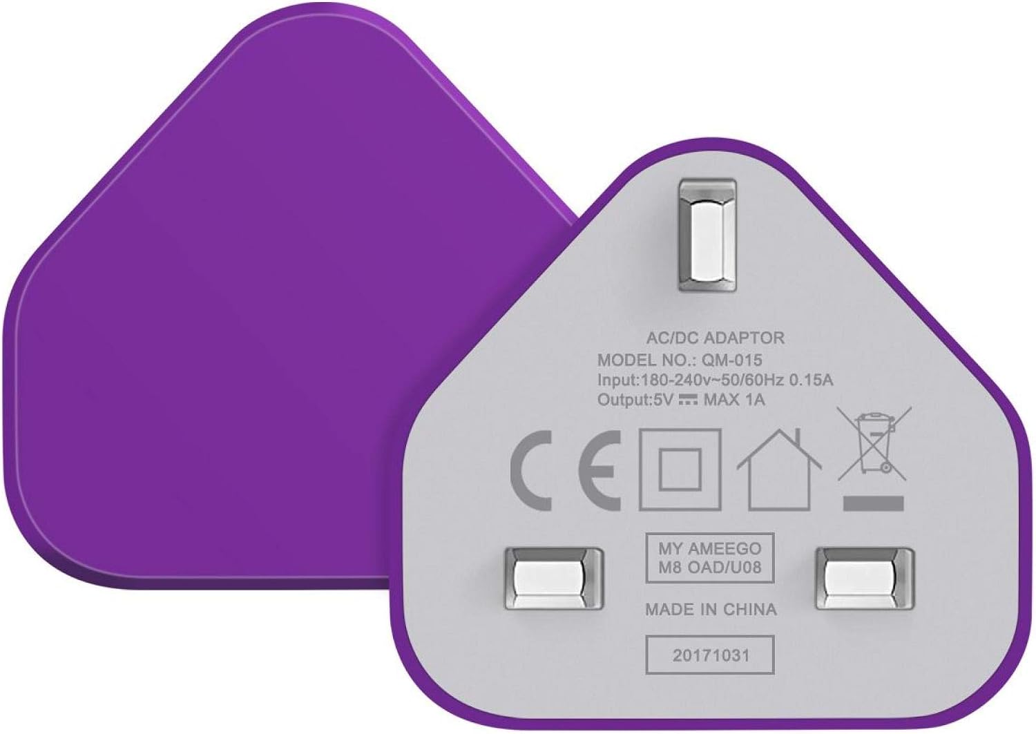 AMO® Universal USB Mains UK 3 Pin Plug Charger Adapter Compatible with Samsung Galaxy Compatible with iPhone iPad Sony Tab HTC Windows Phone Tablet & USB Socket (Purple)
