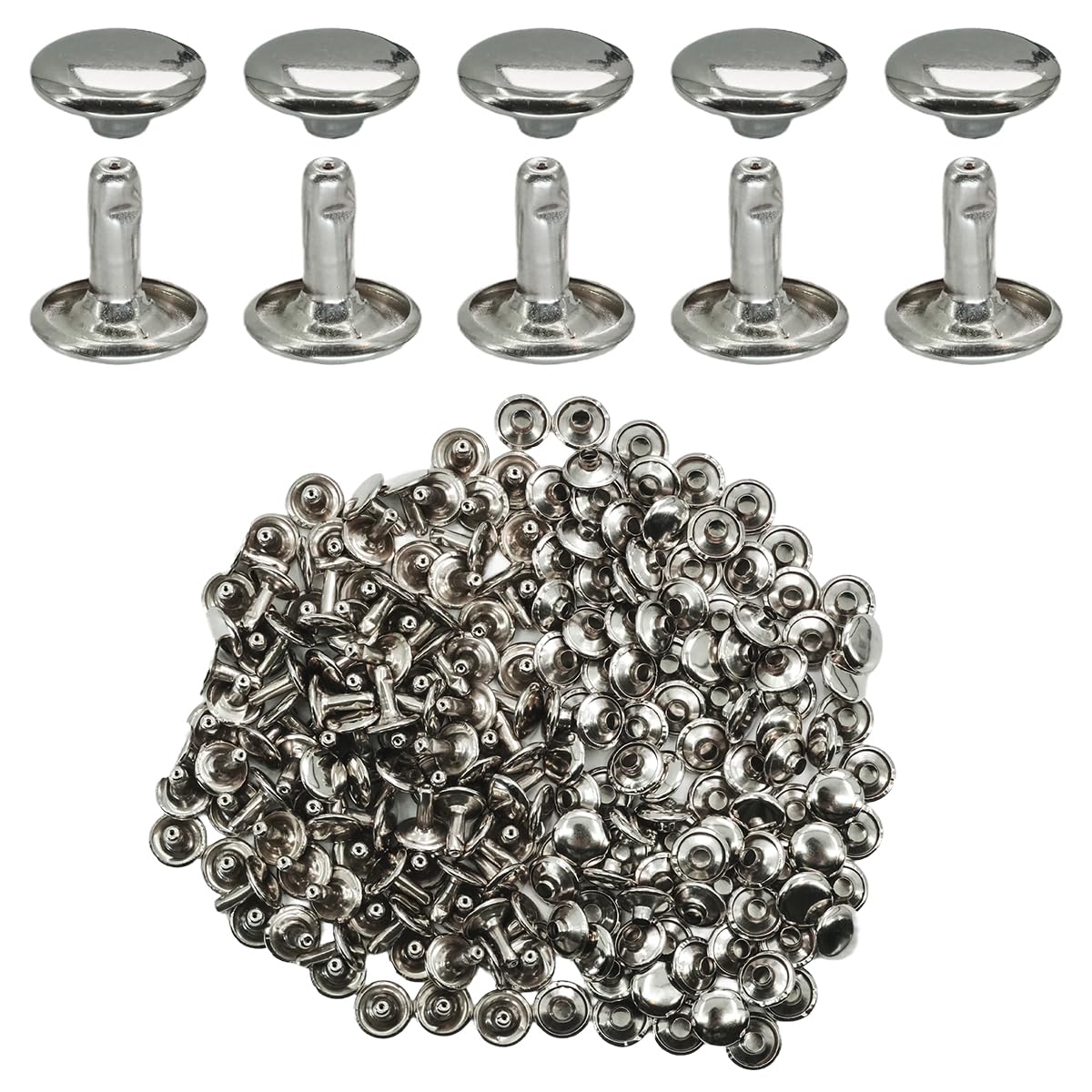 ciciment 100 Set Leather Rivets 10 * 10mm Double Cap Tubular Copper Metal Studs for DIY Leather Craft Clothes Bag Shoes Decoration(Silver)
