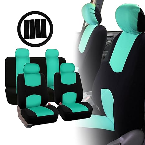 Fh Group Fh Fb050114 Full Set Flat Cloth Car Seat Covers Mint Black Color W Fh2033 Steering Wheel Cover And Seat Belt Pads Fit Most Car Truck